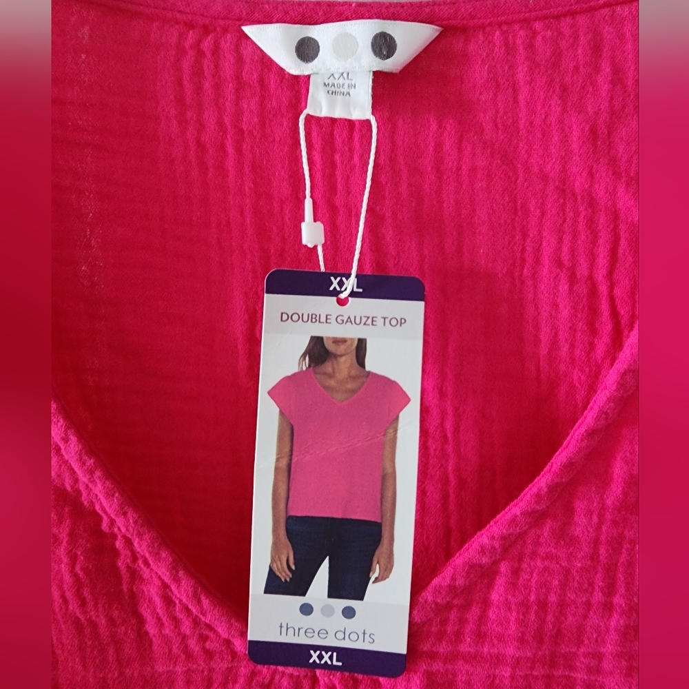 NWT Three Dots Fuchsia V-Neck Gauze Top - Picture 3 of 5